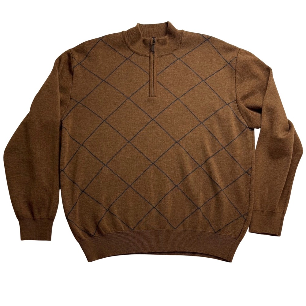 SCOTT BARBER Argyle 1/4 Zip Sweater Men's L Brown Merino Wool Made‎ in Italy